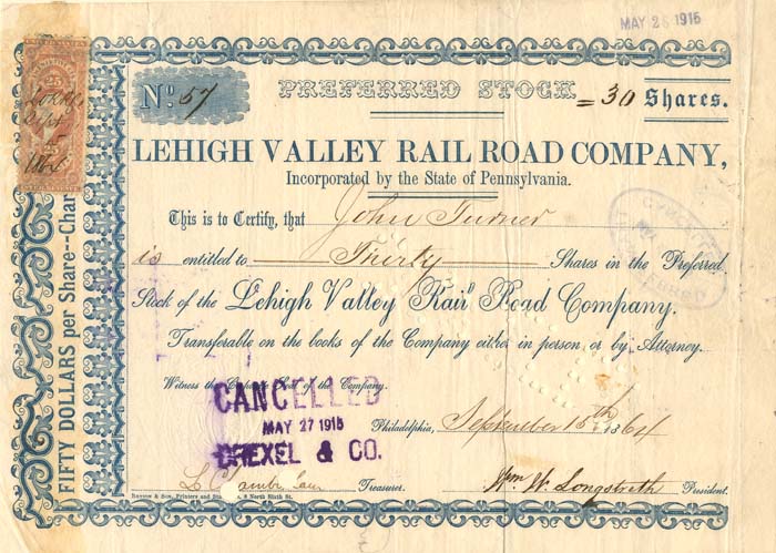 Lehigh Valley Railroad Co. - Stock Certificate